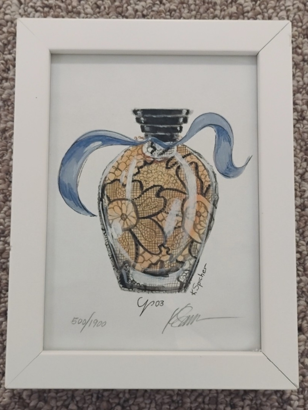 Kolene Spicher Signed 2003 Folk Art Lithograph Print "Single Perfume" Framed
